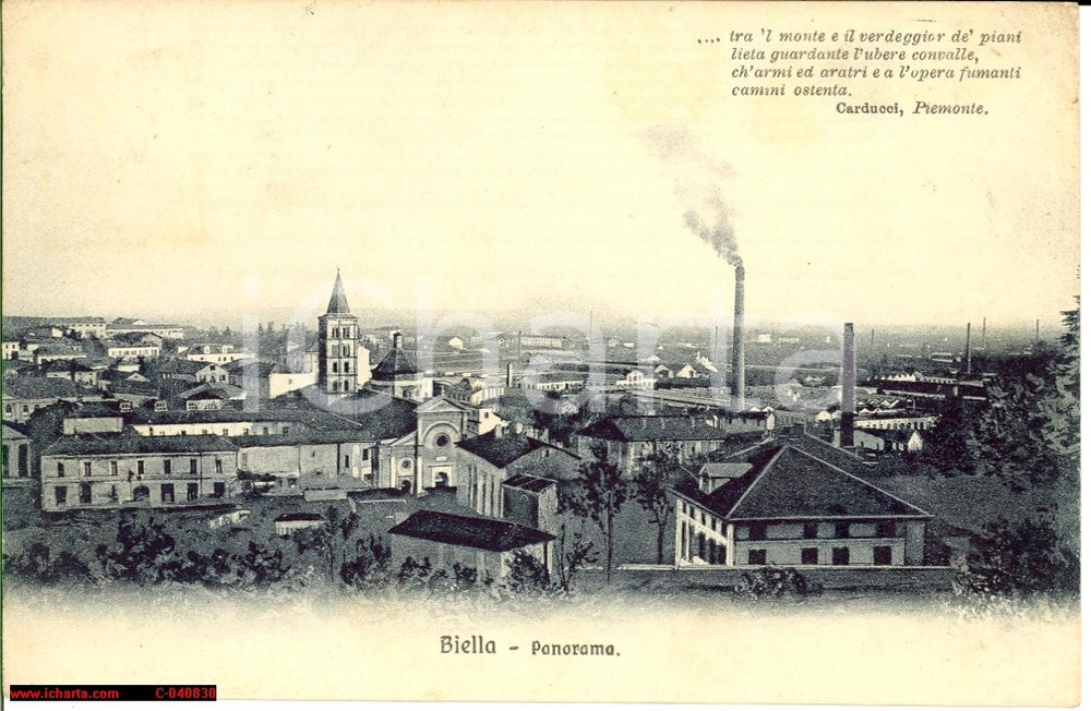 Cartolina originale da collezione 1920 Biella, Panorama con ciminiera fumante FP VG 1