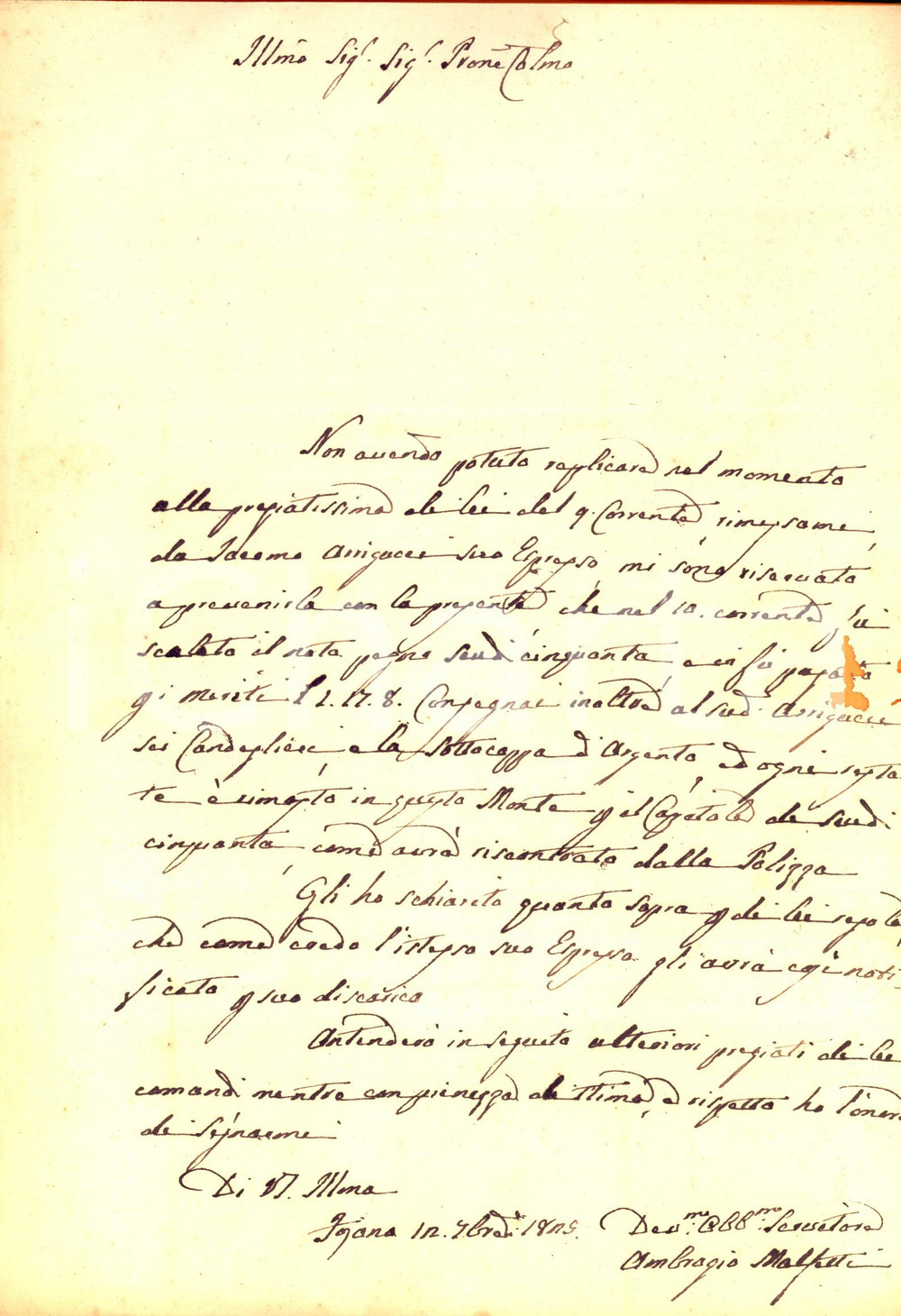 Documento originale, autentico 1825 FOIANO DELLA CHIANA (AR) Ambrogio MALFATTI su consegna sottocoppa d'argento 1