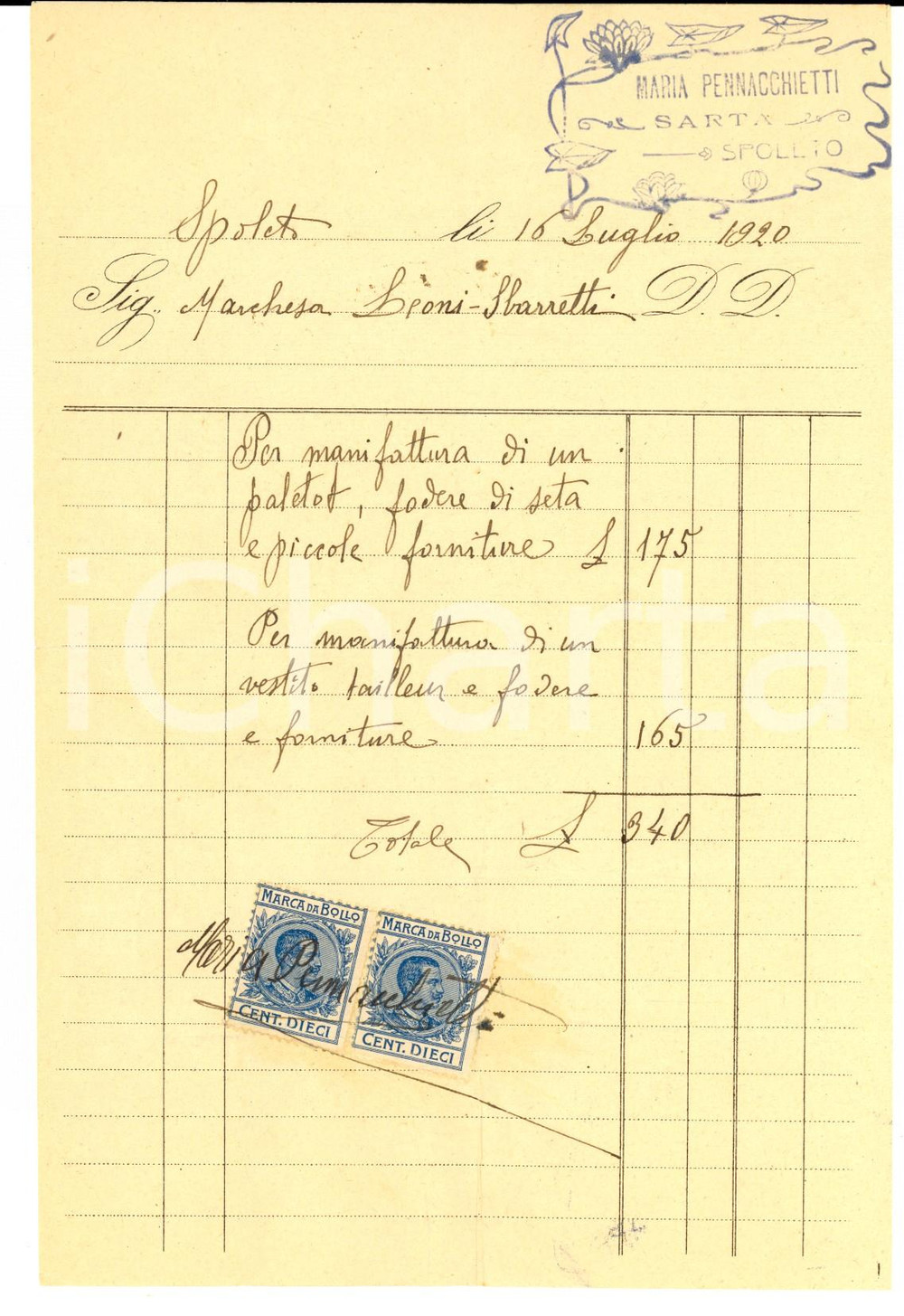Documento originale, autentico 1920 SPOLETO PG Maria PENNACCHIETTI sarta Fattura a marchesa LEONISBARRETTI 1