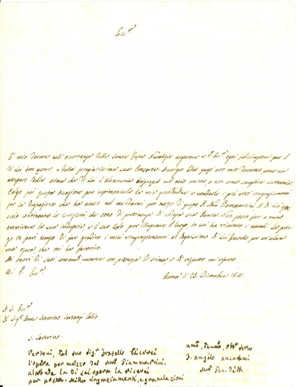 Autografo originale 1841 ROMA Inquisitore Angelo ANCARANI invia auguri di Natale Lettera AUTOGRAFA 1