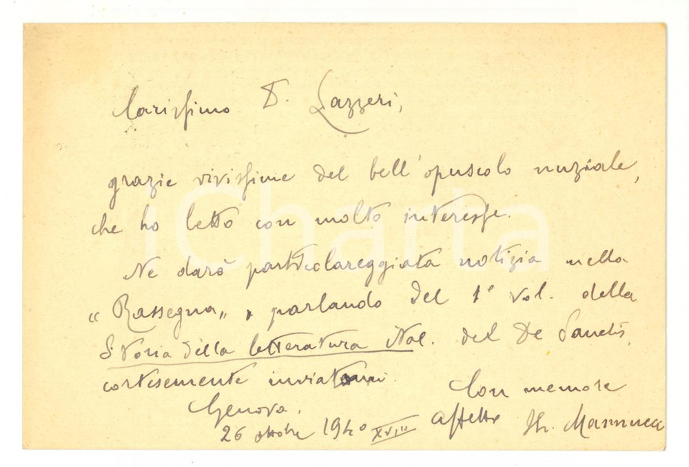 Autografo originale 1940 GENOVA Francesco Luigi MANNUCCI  Recensione su LAZZERI Autografo 1