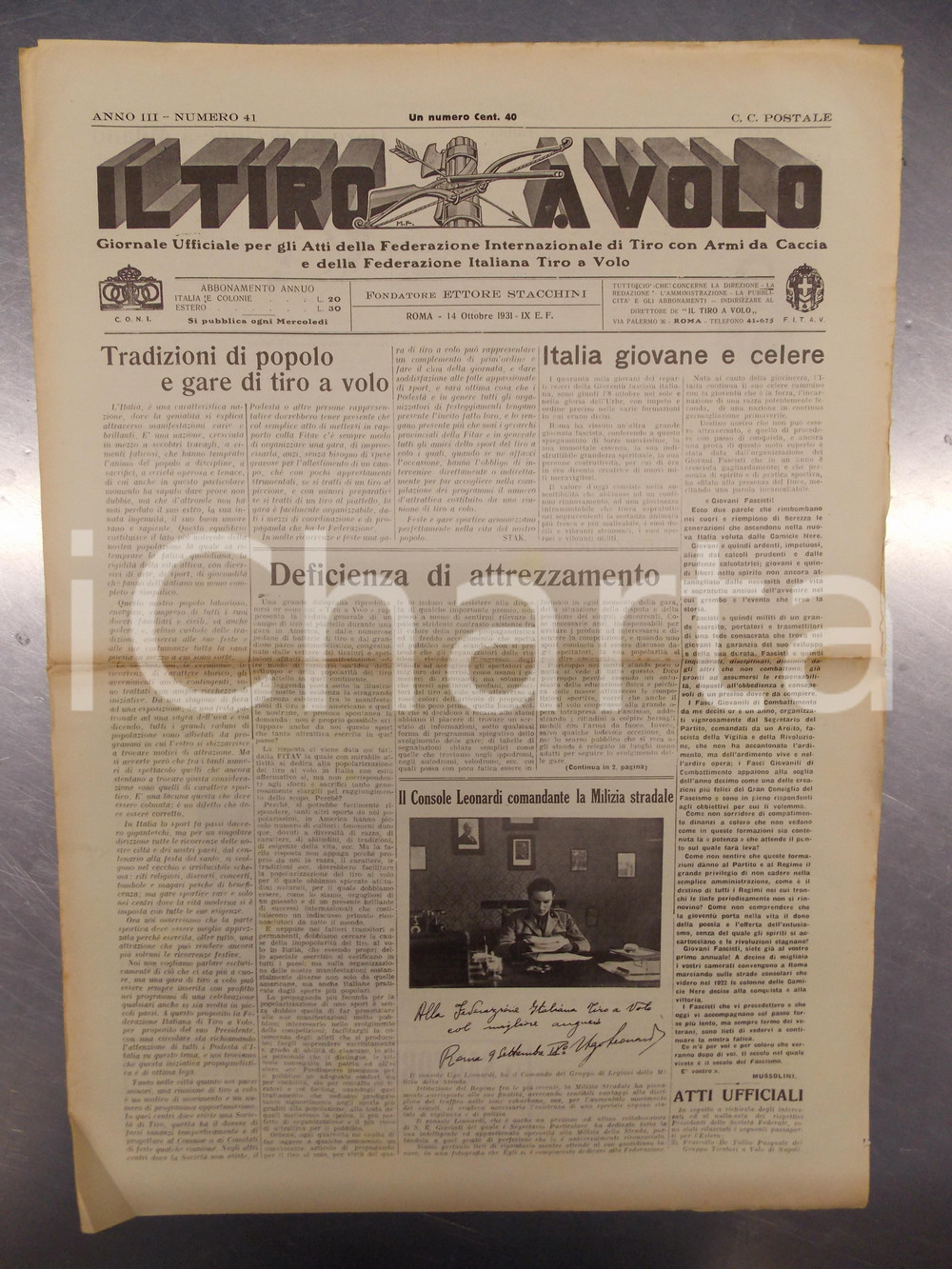 Giornale, rivista storica 1931 TIRO A VOLO Tiro al piccione deve diventare tradizione di popolo *Giornale 1