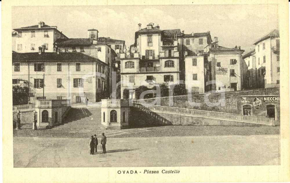 1940 ca OVADA (AL) Veduta panoramica Piazza CASTELLO *Cartolina Publicità NECCHI