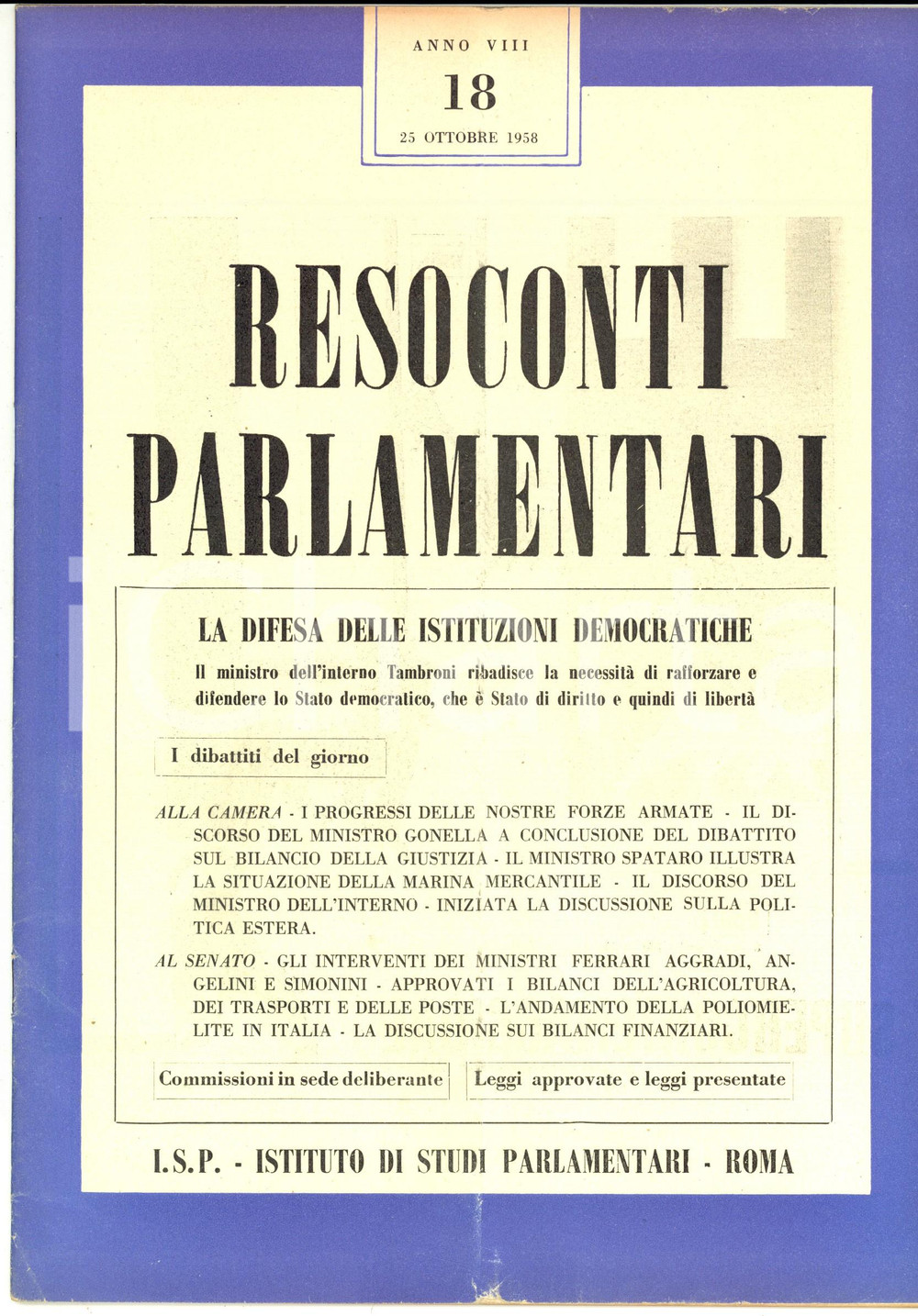 Giornale, rivista storica 1958 RESOCONTI PARLAMENTARI Fernando TAMBRONI e lo Stato democratico Rivista 1