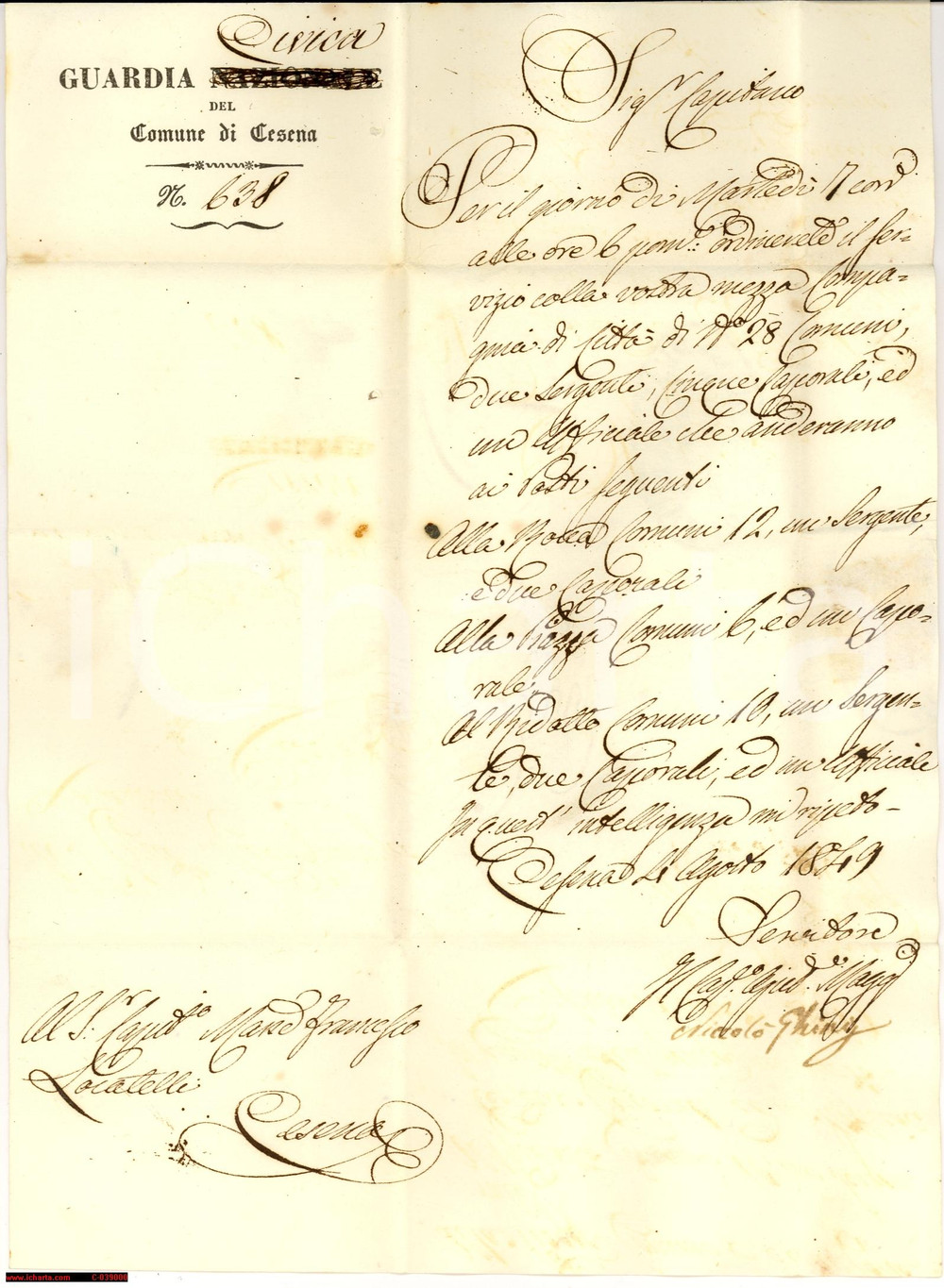 Manoscritto, lettera originale 1849 CESENA Marchese Francesco LOCATELLI Guardia Civica 1