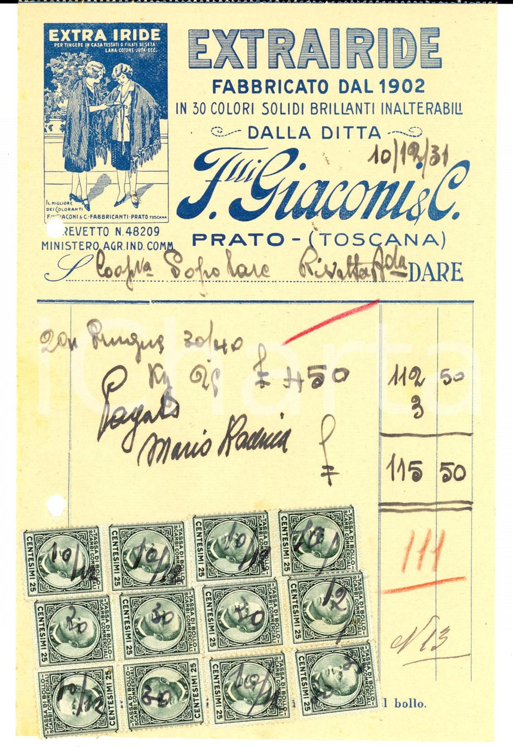 Documento originale, autentico 1931 PRATO Ditta F.LLI GIACONI EXTRAIRIDE per tinture Fattura con bolli 1