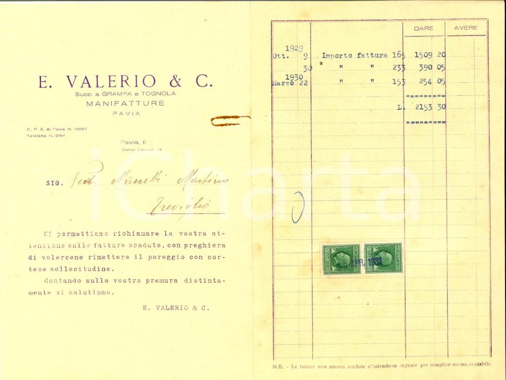 Documento originale, autentico 1931 PAVIA Ditta E. VALERIO succ. GRAMPA e TOGNOLA Manifatture - Sollecito 1