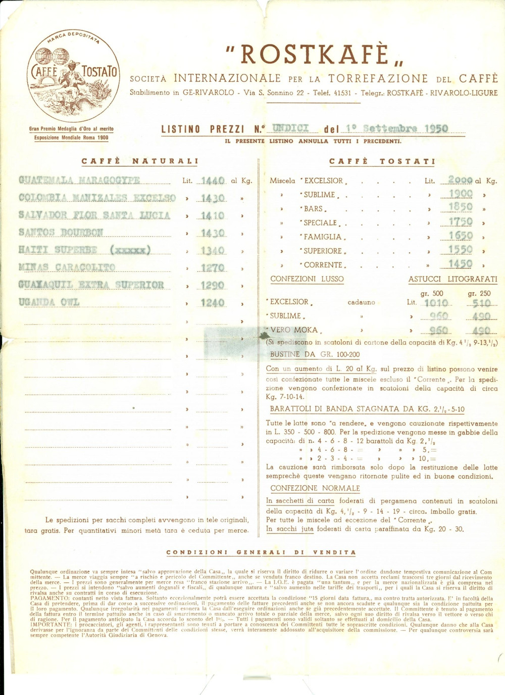 Materiale pubblicitario d’epoca 1950 GENOVA Rivarolo ROSTKAFE  Listino prezzi caffé  LISTINO N. 11 1