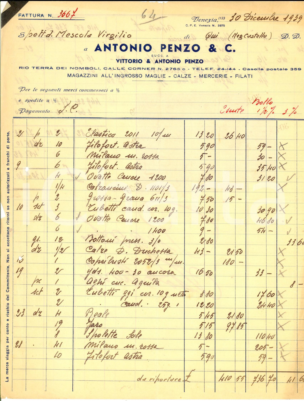 Documento originale, autentico 1939 VENEZIA Ditta Antonio PENZO calze, mercerie e filati Fattura intestata 1