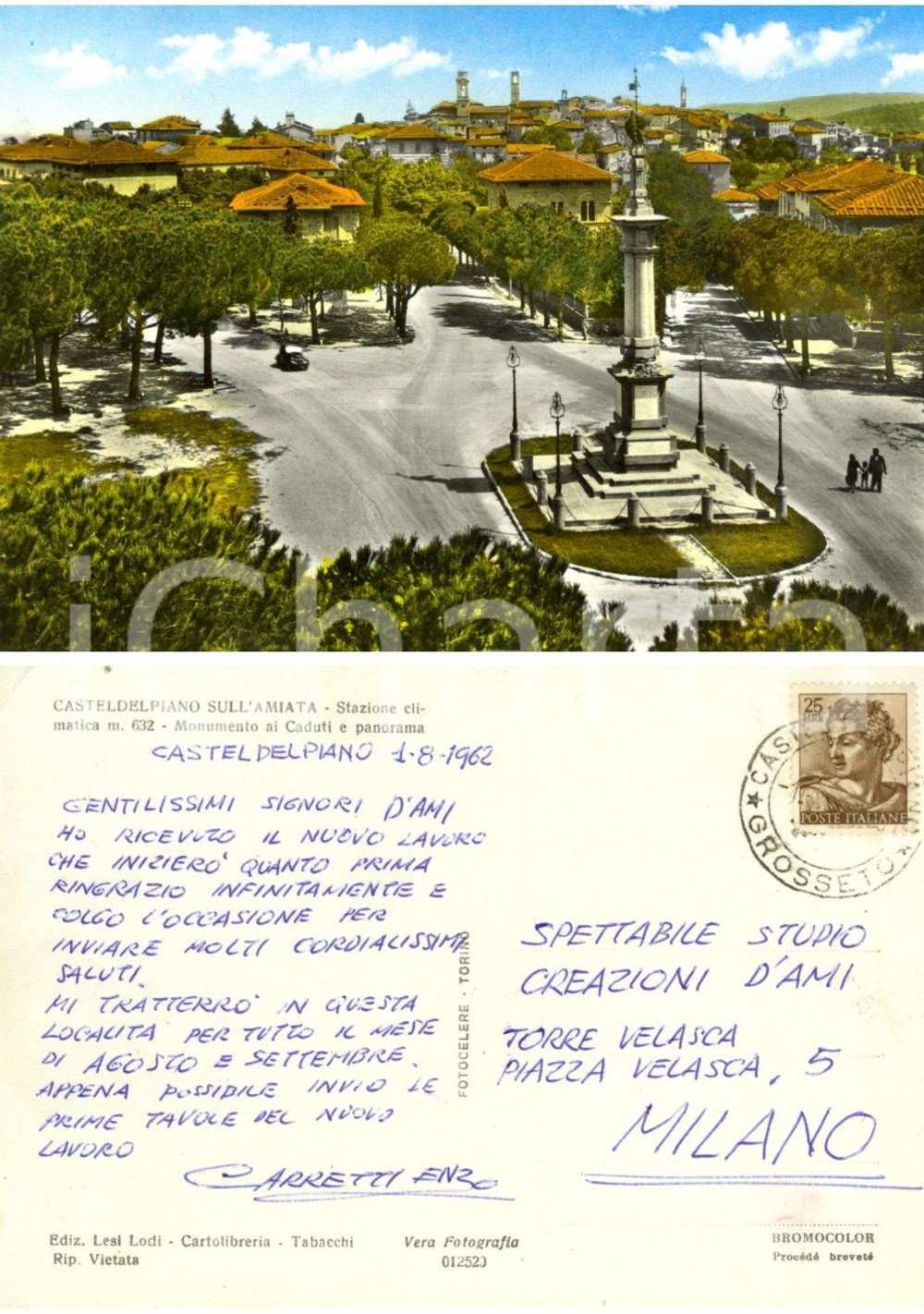 Autografo originale 1962 CASTEL DEL PIANO (GR) Panorama *Autografo Enzo CARRETTI a Studio D'AMI 1