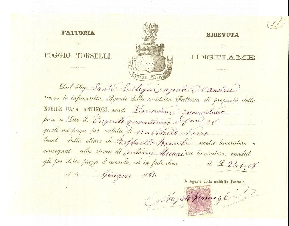 Documento originale, autentico 1884 SAN CASCIANO VAL DI PESA Nota di bestiame  Fattoria POGGIO TORSELLI 1