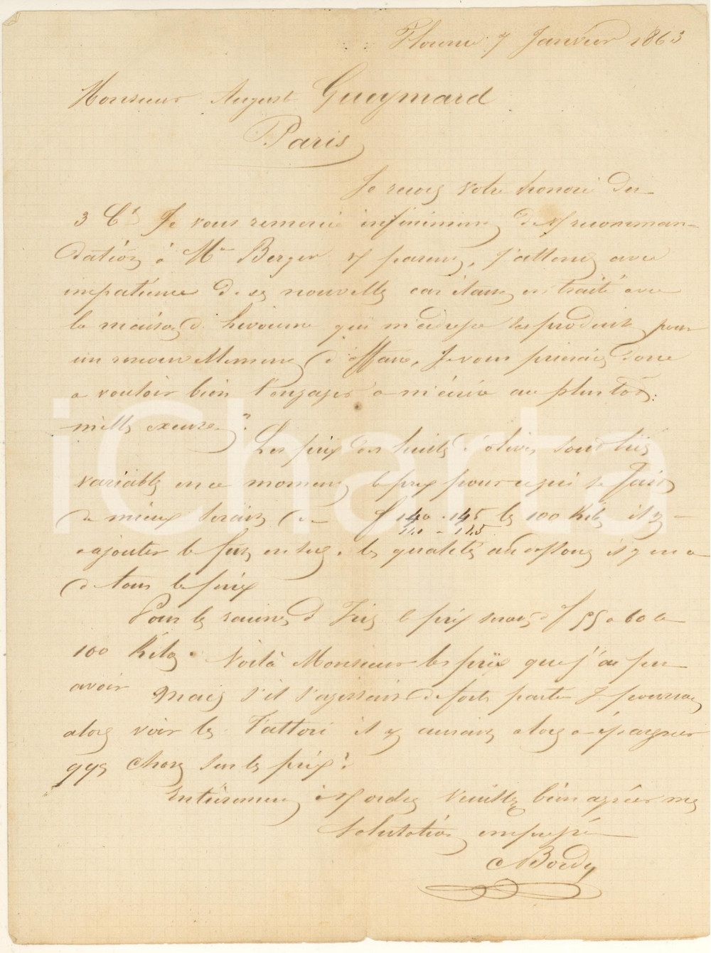 Manoscritto, lettera originale 1863 FIRENZE Olio d oliva da Carlo BORDY ad Auguste GUEYMARD Paris Lettera 1