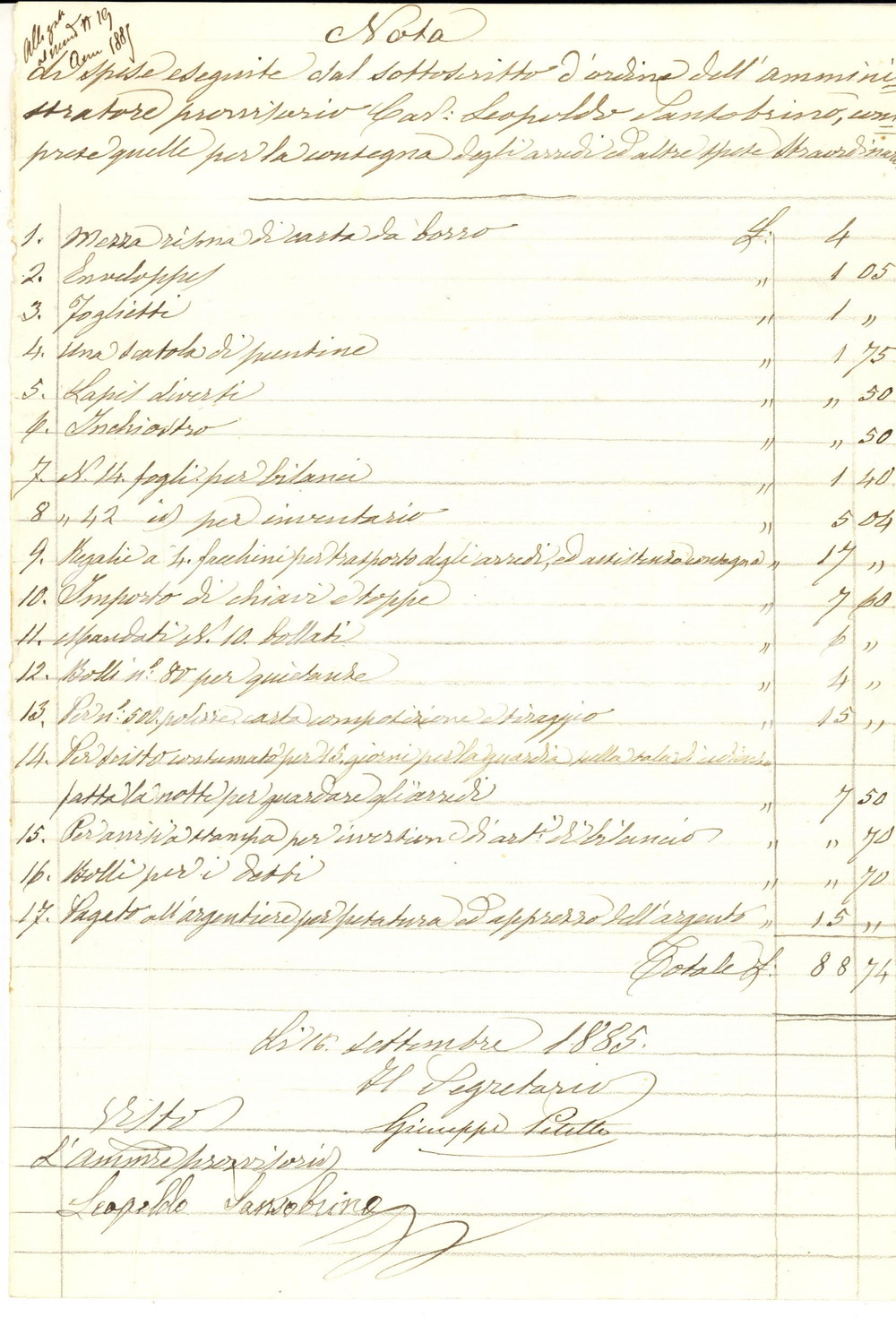 Documento originale, autentico 1865 NAPOLI Spese di cancelleria di Giuseppe PETITTI per Leopoldo SANSOBRINO 1