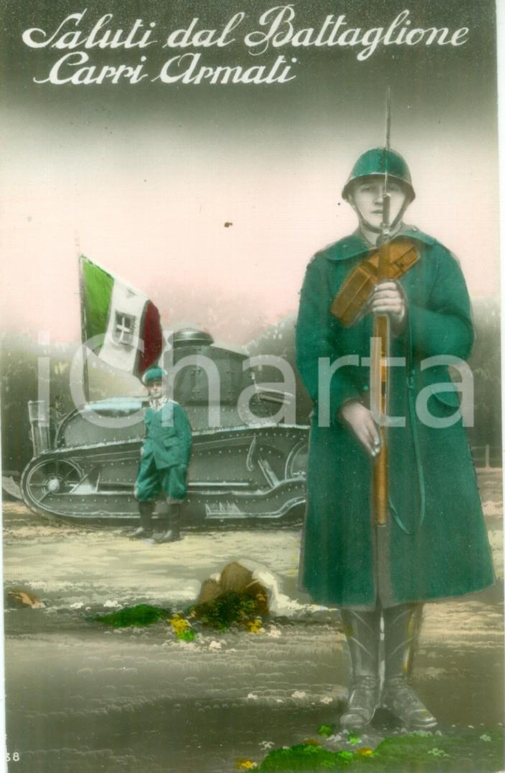 Cartolina originale da collezione 1930 ca REGIO ESERCITO Saluti dal Battaglione Carri Armati Cartolina FP NV 1