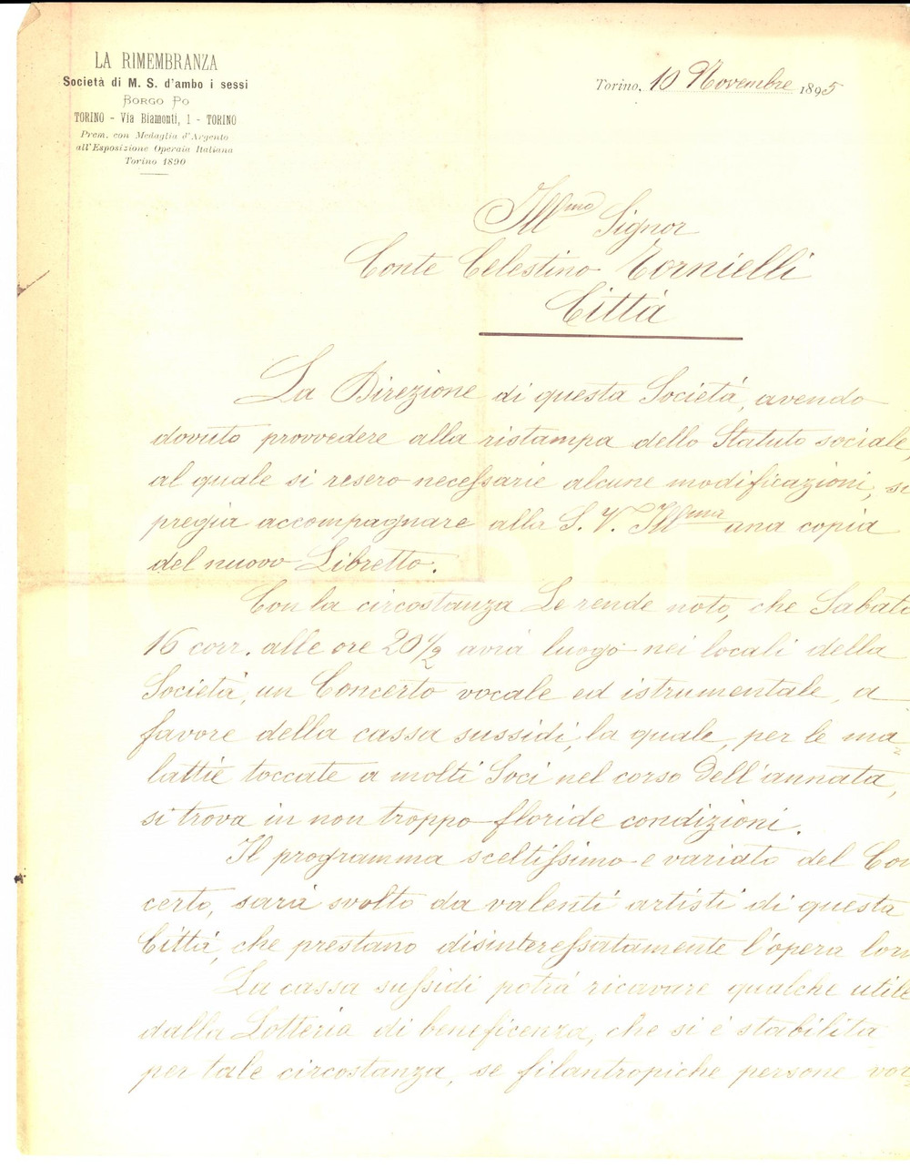 Manoscritto, lettera originale 1895 TORINO Concerto società mutuo soccorso LA RIMEMBRANZA pro cassa sussidi 1