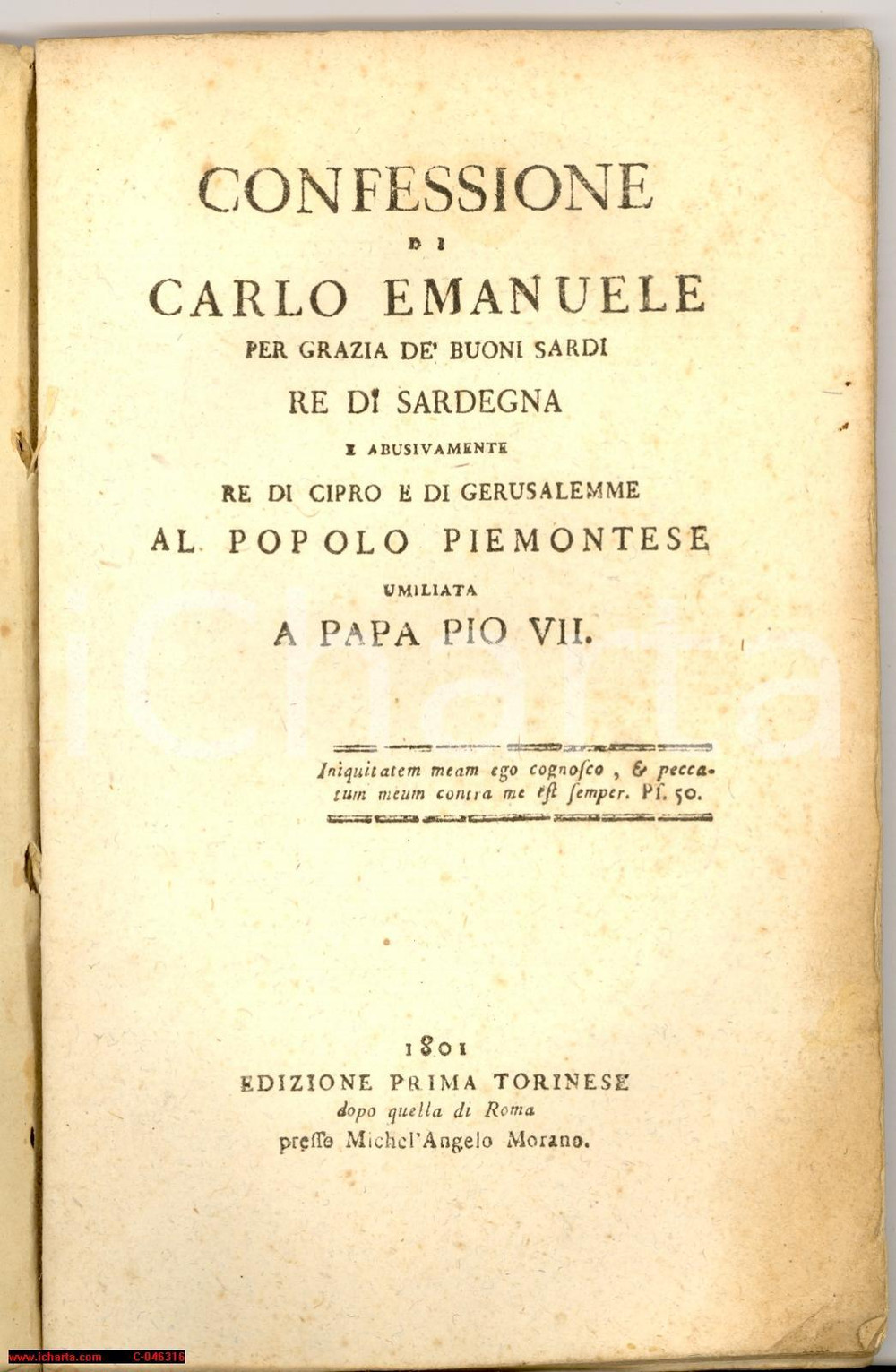 Libro, pubblicazione d epoca 1801 TORINO Confessione di CARLO EMANUELE Ed. RARISSIMA 1