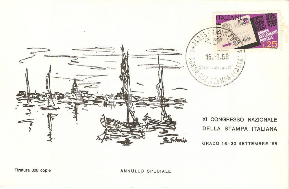 Cartolina originale da collezione 1968 GRADO GO XI Congresso Stampa Italiana Annullo speciale filatelico 1