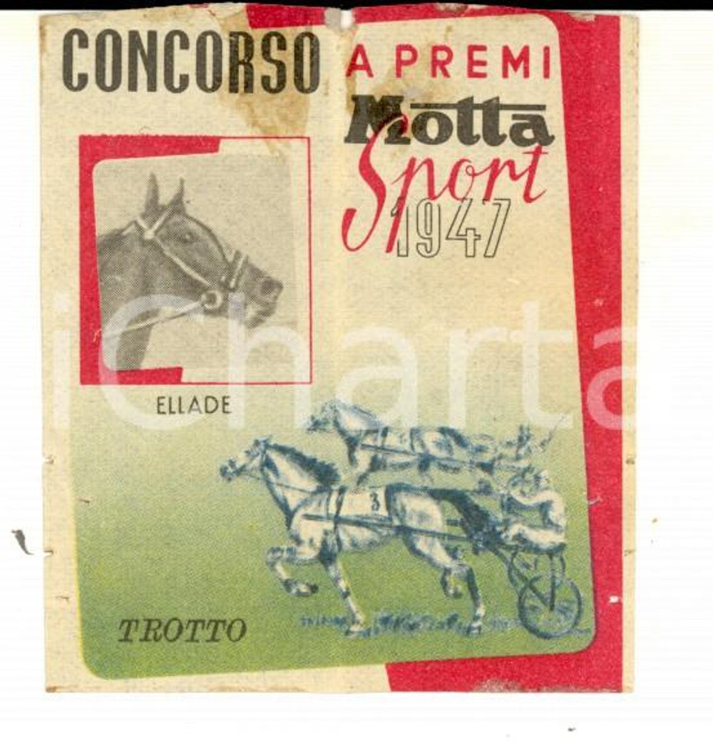 Oggetto da collezione cartaceo 1947 MILANO Concorso a premi MOTTA SPORT IPPICA TROTTO Cavallo Ellade *Tagliando 1
