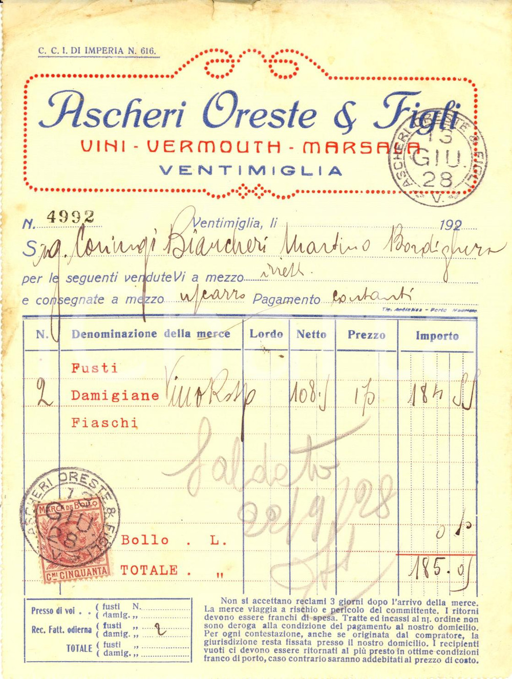 Documento originale, autentico 1928 VENTIMIGLIA IM Oreste ASCHERI & figli  Vini, Vermouth e Marsala Fattura 1