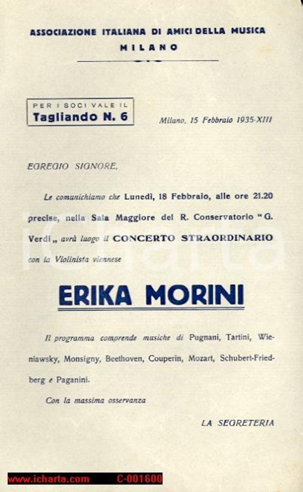 Materiale pubblicitario d’epoca 1935 MILANO Amici della Musica - Concerto violinista Erika MORINI *Volantino 1