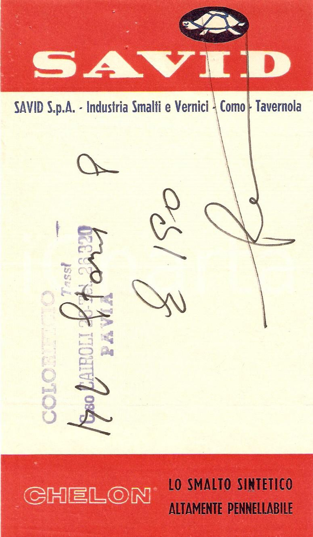 Materiale pubblicitario d’epoca 1965 ca COMO - TAVERNOLA Vernici SAVID Smalto CHELON *Fattura 10x17 cm 1