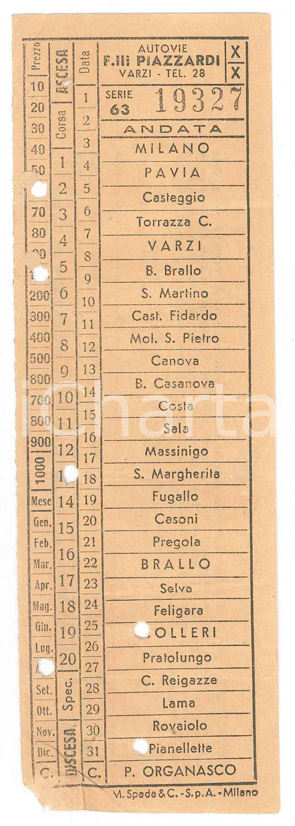 Oggetto da collezione cartaceo 1960 ca VARZI Autovie F.LLI PIAZZARDI  Linea MILANOPONTE ORGANASCO Biglietto 1