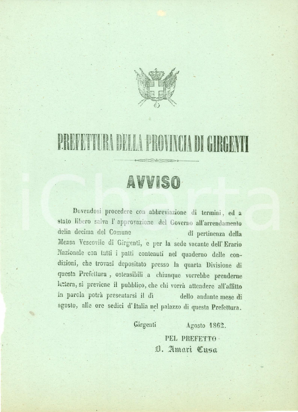 Documento originale, autentico 1862 GIRGENTI AG Affitto beni della MENSA VESCOVILE Manifestino 1