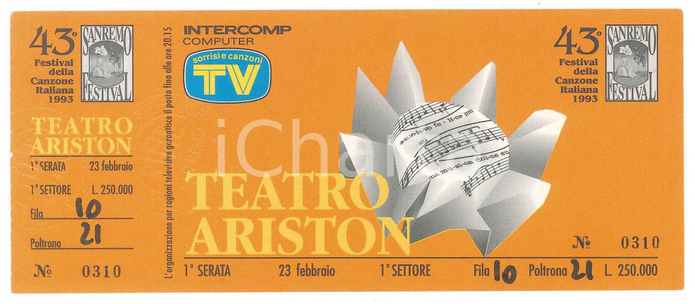 Oggetto da collezione cartaceo 1993 FESTIVAL DI SANREMO 1 serata  Biglietto 1Â° settore  Fila 10 Poltrona 21 1
