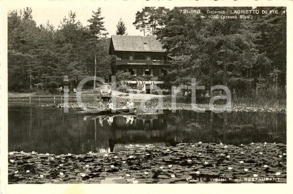 Cartolina originale da collezione 1949 FIE  ALLO SCILIAR BZ Lago e albergo LAGHETTO DI FIE  ANIMATA con barca 1