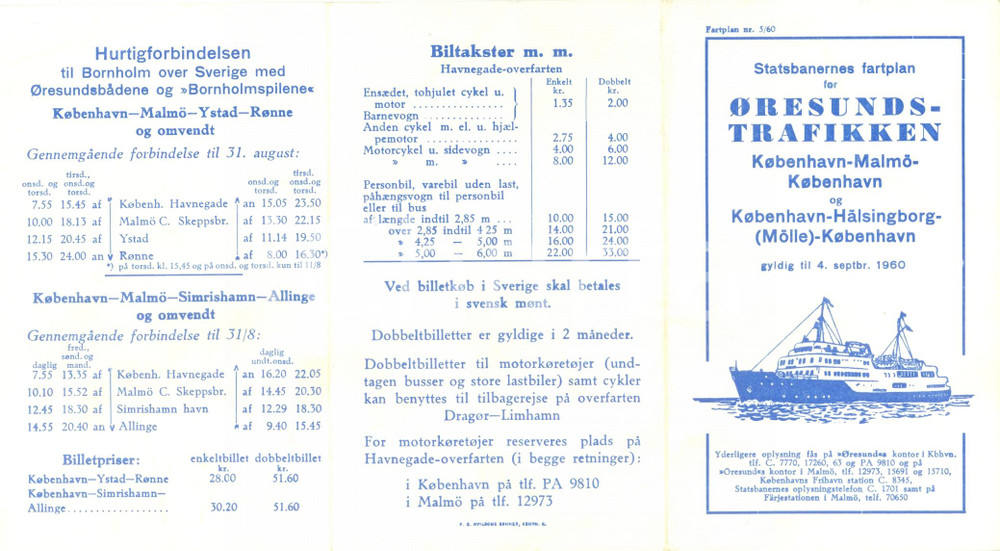Materiale pubblicitario d’epoca 1960 COPENHAGEN DENMARK Orari Ã˜RESUNDSTRAFIKKEN traghetto MALMO HALSINGBORG 1