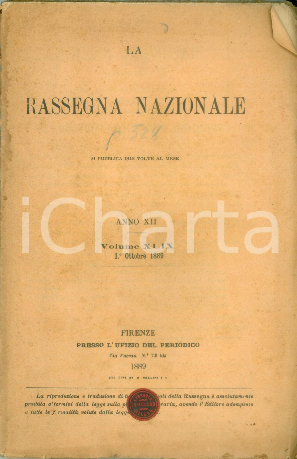 Libro, pubblicazione d epoca 1889 LA RASSEGNA NAZIONALE Cavour agricoltore e uomo d affari DANNEGGIATO 1