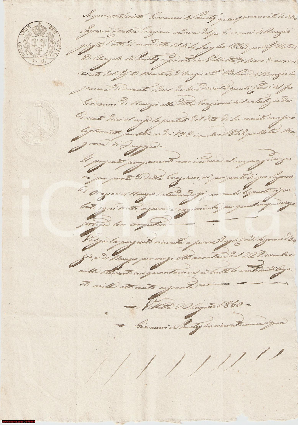 Documento originale, autentico 1860 VILLETTA BARREA Vitalizio a vedova Emilia GRAZIANI 1