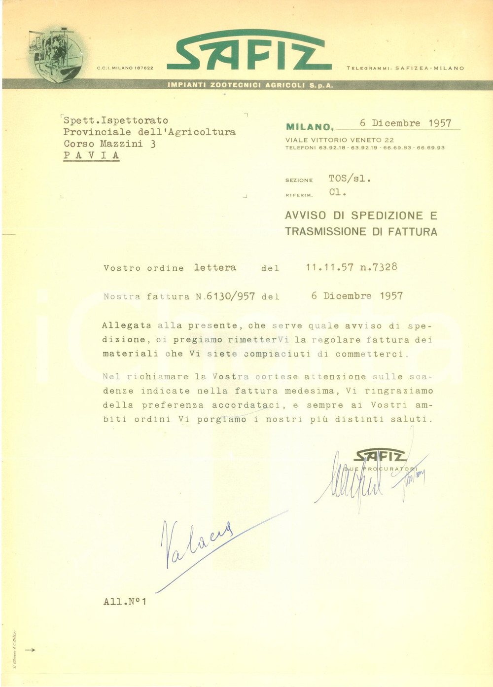 Documento originale, autentico 1957 MILANO Impianti Zootecnici Agricoli SAFIZ invia fattura Lettera commerciale 1