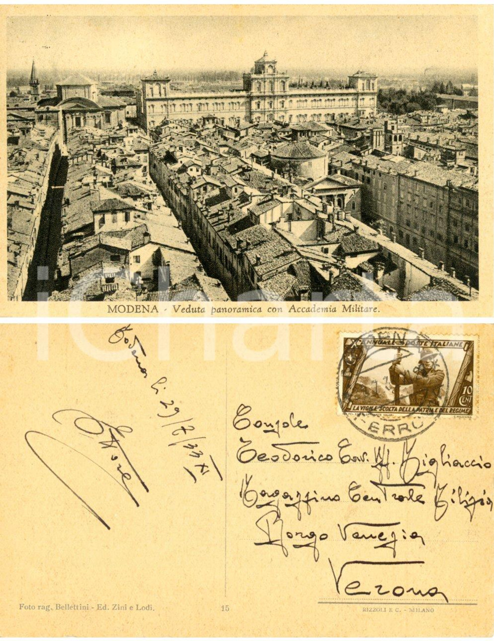 Cartolina originale da collezione 1933 MODENA Accademia Militare *Cartolina da Ettore a Teodorico MIGLIACCIO FP VG 1