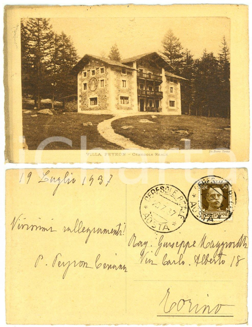Autografo originale 1937 CERESEOLE REALE (TO) Villa PEYRON*Autografo Pierina PEYRON CERIANA FP VG 1