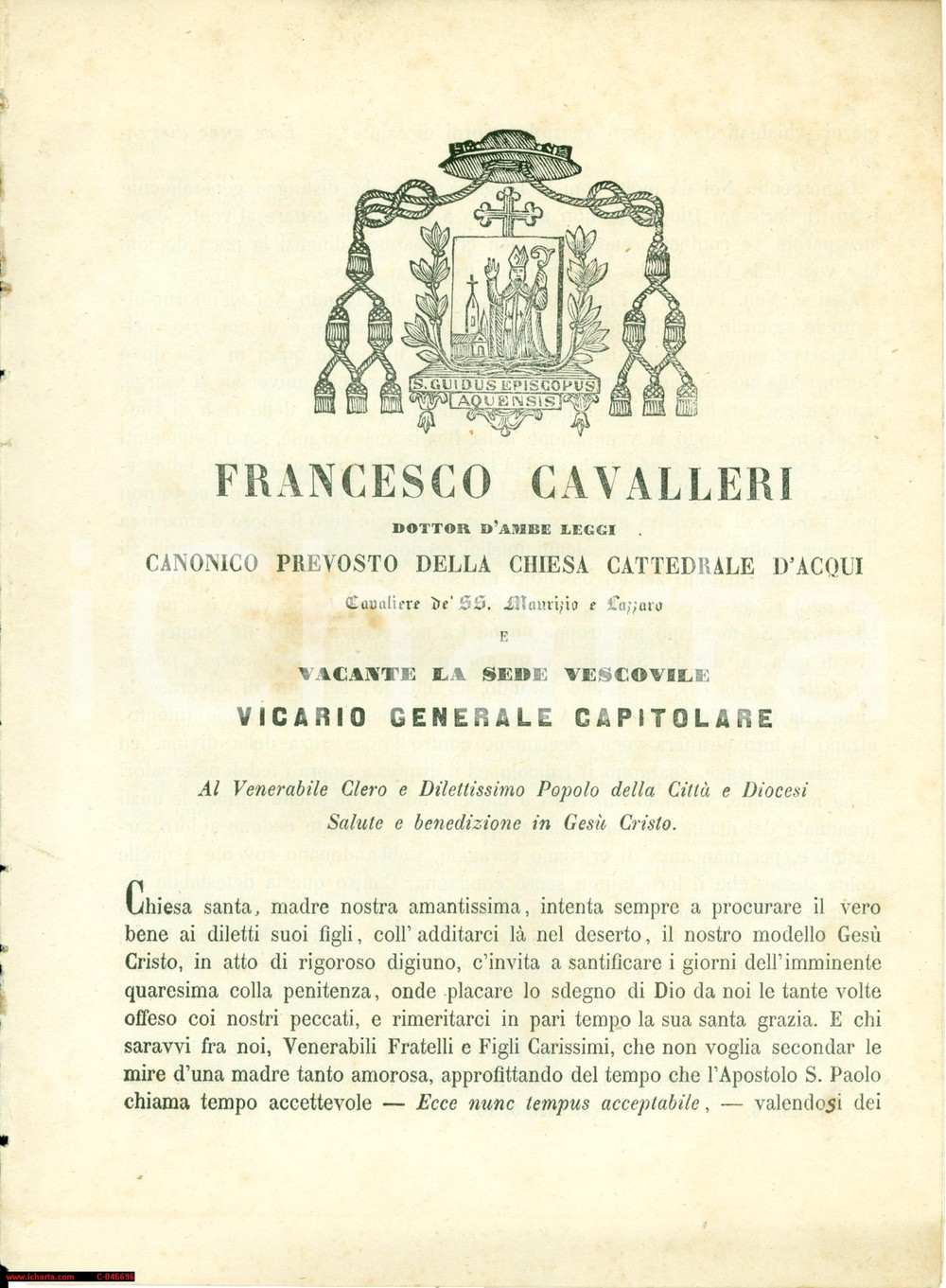 Documento originale, autentico 1868 ACQUI TERME Francesco CAVALLERI su buon cristiano 1