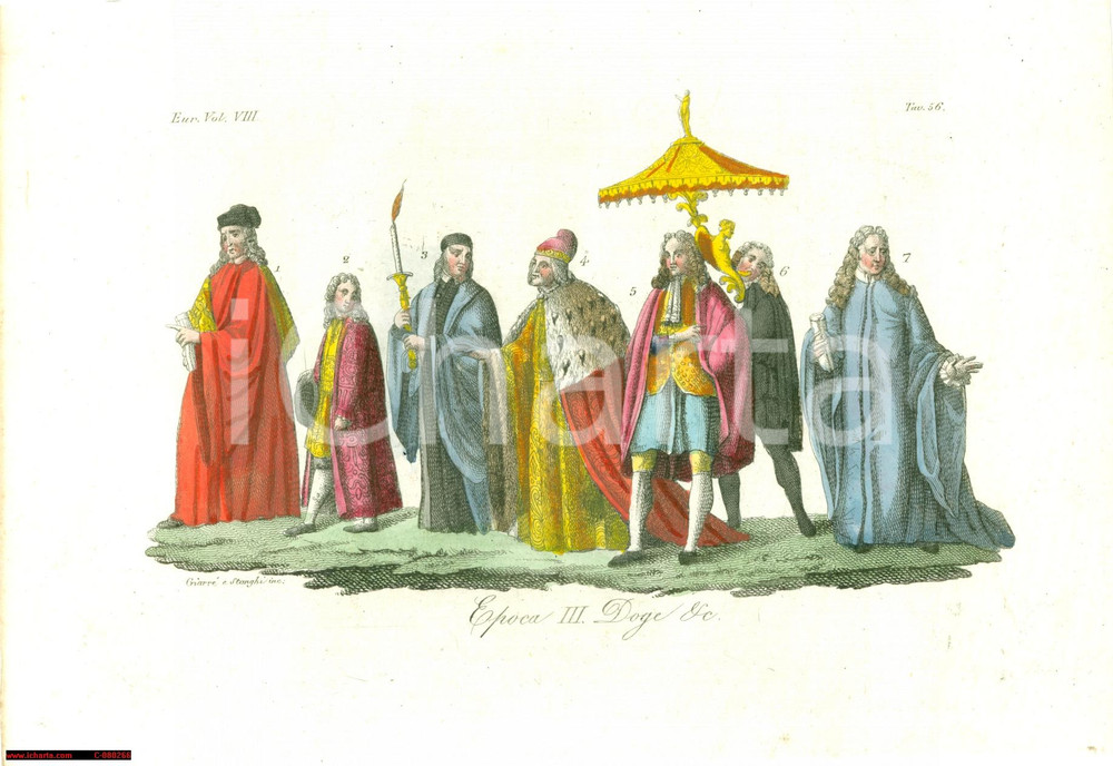 Stampa, bozzetto originale 1823 VENEZIA Stampa colorata a mano CORTEO DEL DOGE 1