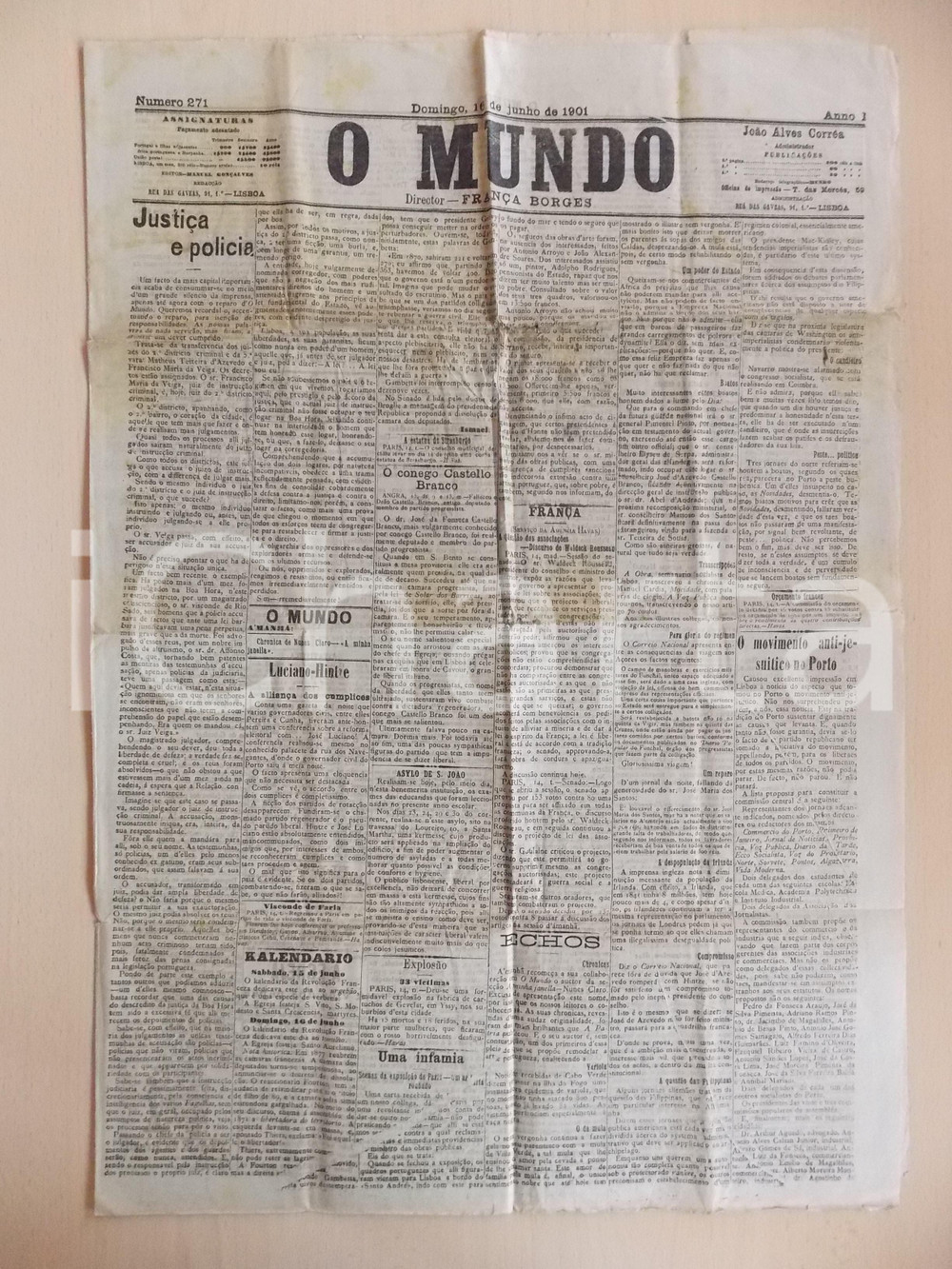 Giornale, rivista storica 1901 LISBOA O MUNDO Tranferencia juize TEXEIRA D AZEVEDO Anno I n° 271 1