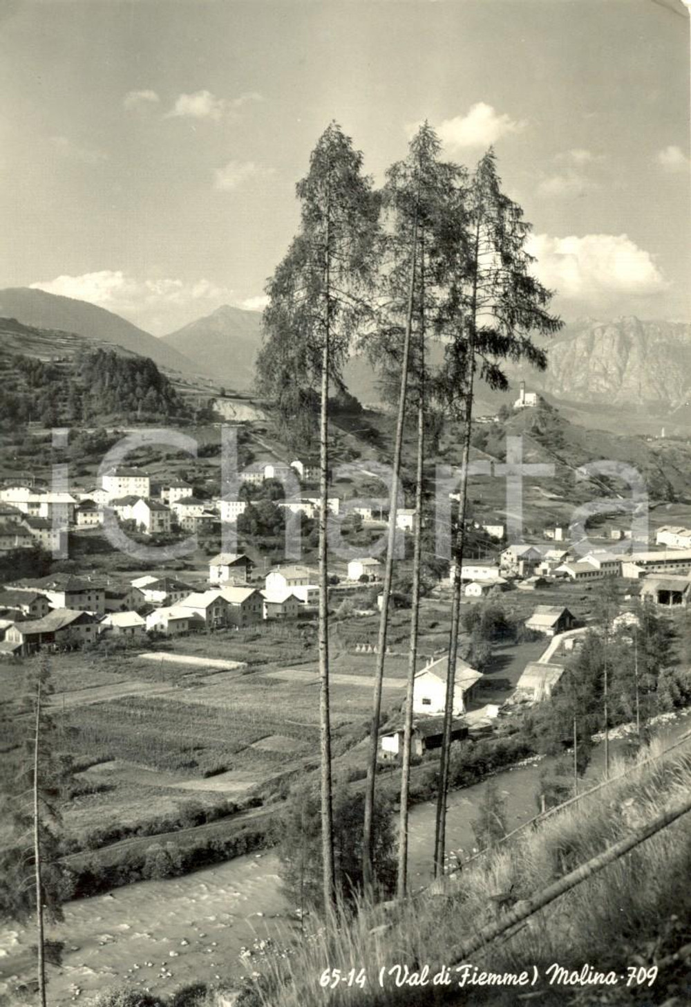 Cartolina originale da collezione 1958 CASTELLO  MOLINA DI FIEMME TN Veduta del paese con la chiesa FG VG 1