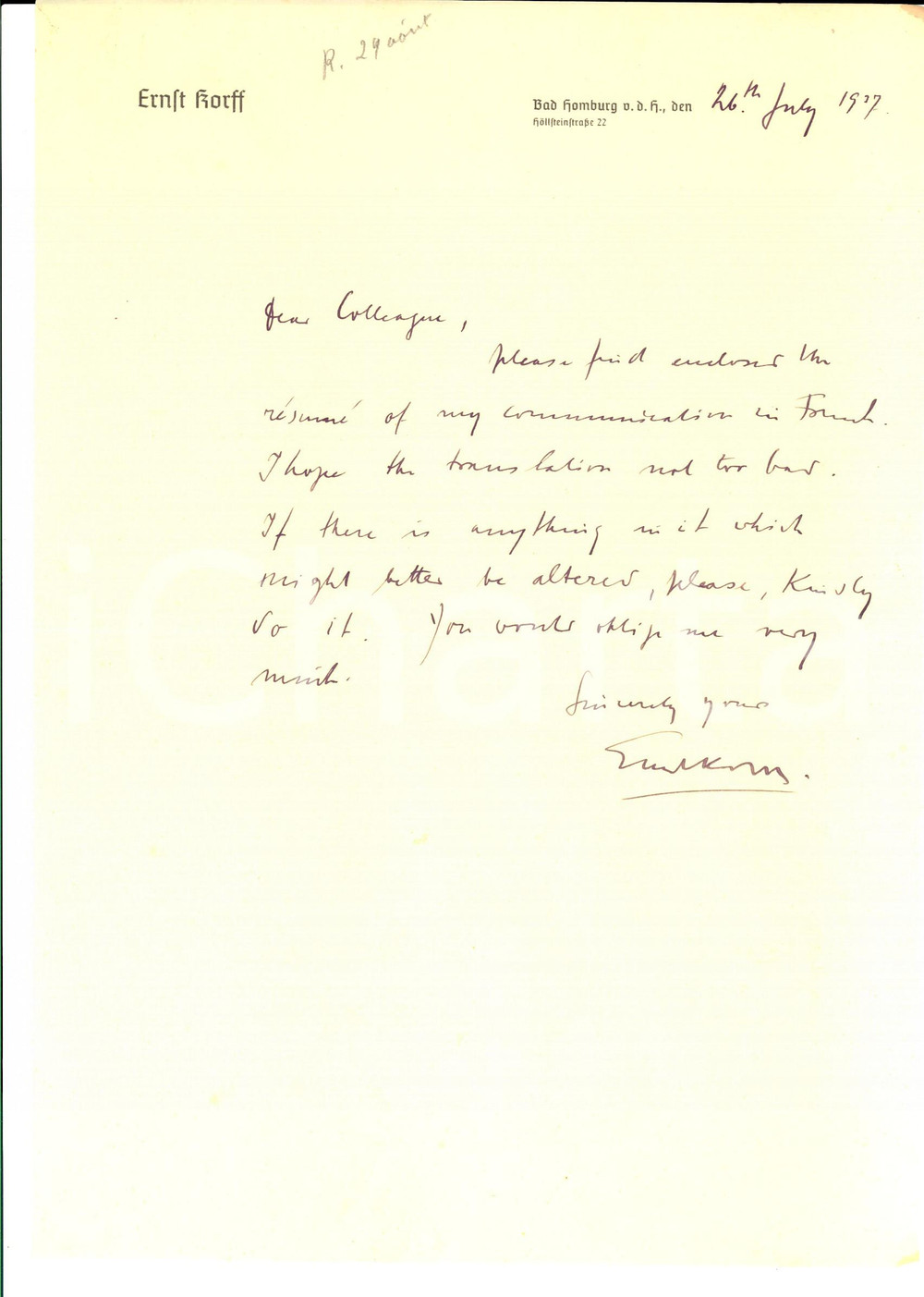 Autografo originale 1917  BAD HOMBURG I hope the translation not too bad Autografo Ernst KORFF 1