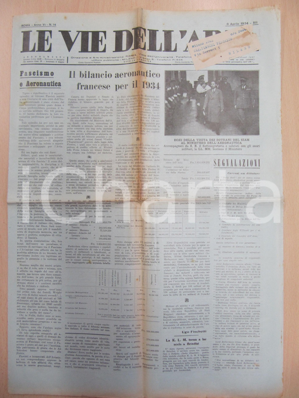Giornale, rivista storica 1934 LE VIE DELL ARIA Bilancio AERONAUTICA francese spese militari Giornale 1