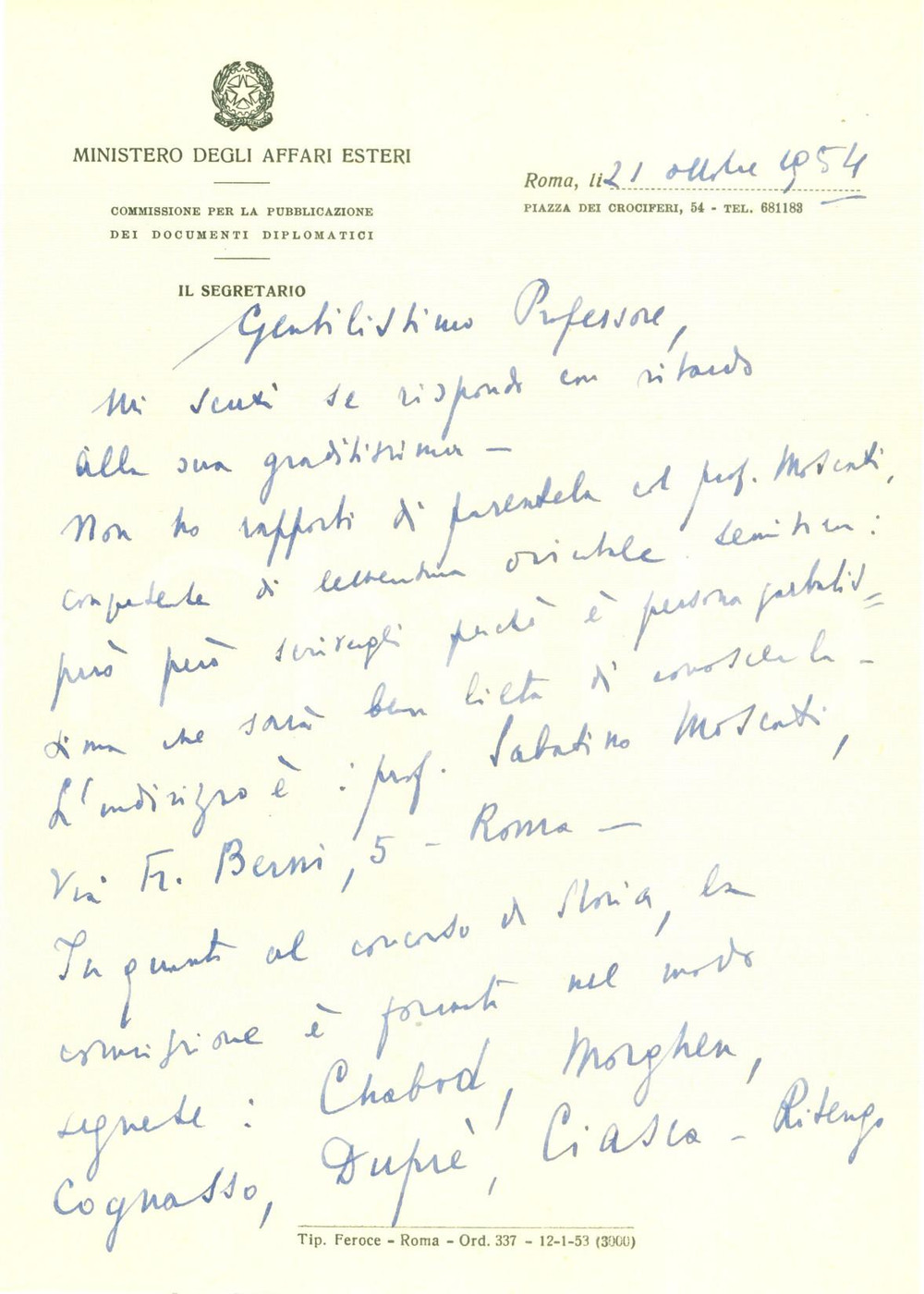 Autografo originale 1954 ROMA Lettera Ruggero MOSCATI  Equivoco su identità AUTOGRAFO 1
