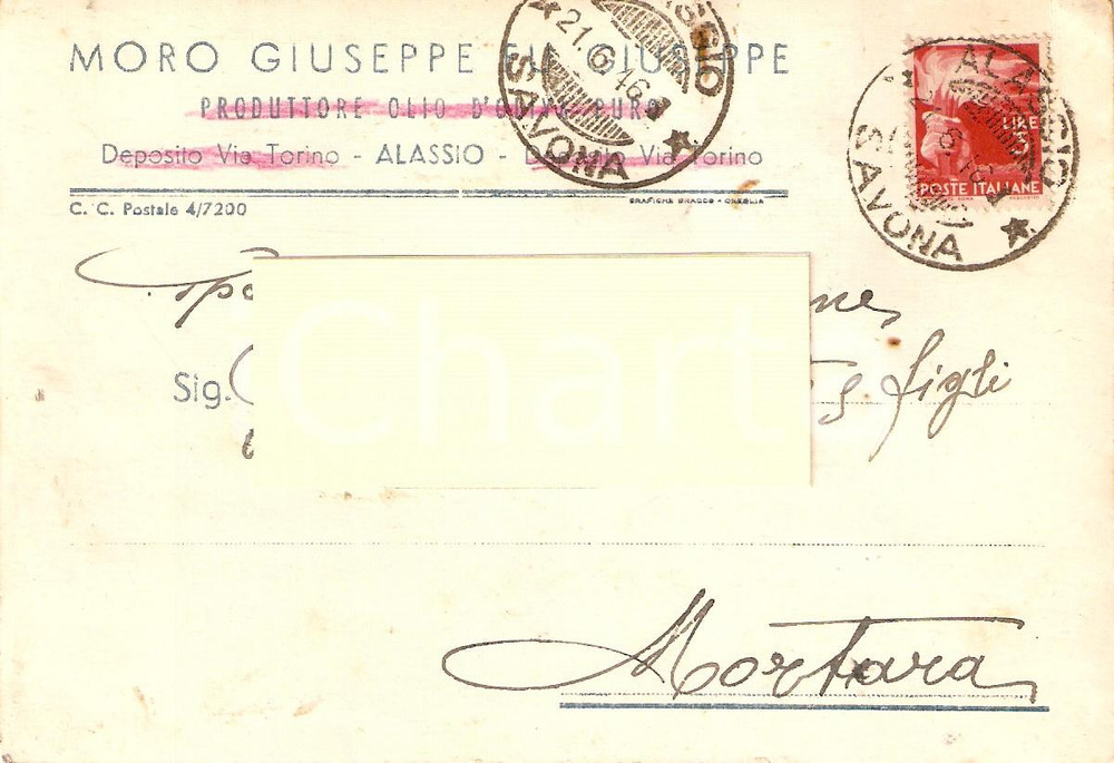 Cartolina originale da collezione 1946 ALASSIO (SV) Giuseppe MORO Produttore Olio d'oliva *Cartolina Commerciale 1