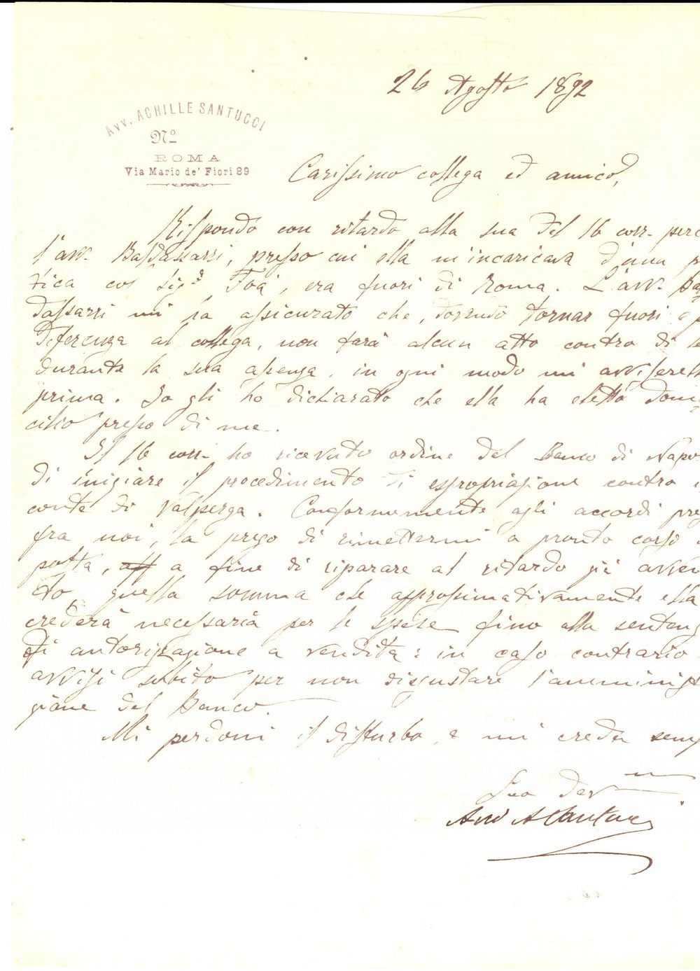 Documento originale, autentico 1892 ROMA Lettera avv. Achille SANTUCCI su espropriazione conte di Valperga 1