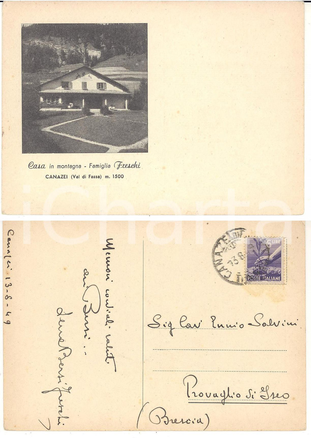 Cartolina originale da collezione 1949 CANAZEI (TN) Casa in montagna *Cartolina Lena BERSI FRESCHI FG VG 1