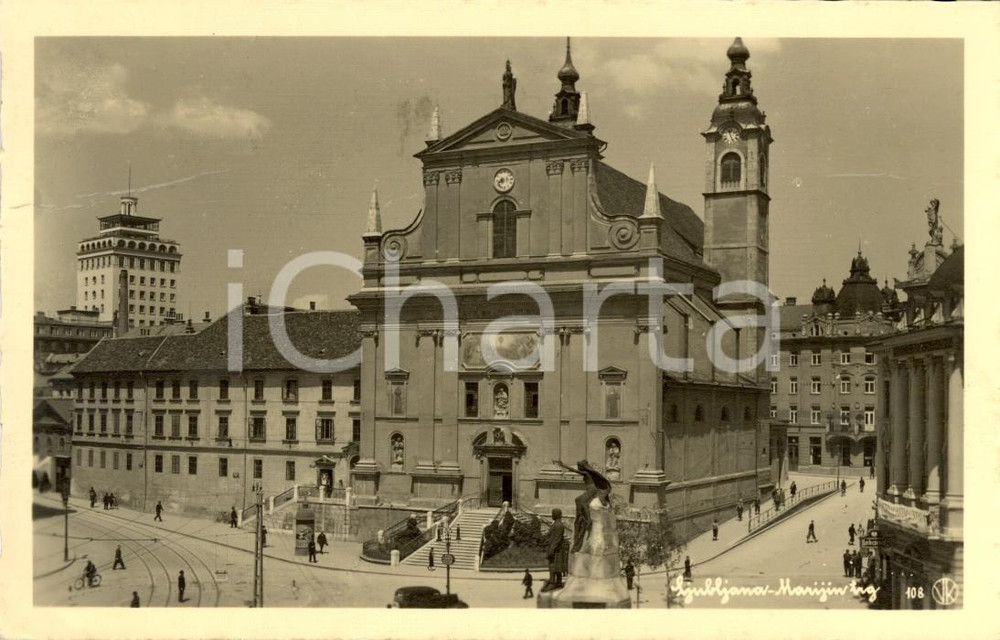 Cartolina originale da collezione 1942 LUBIANA SLOVENIA Chiesa dell ANNUNZIATA  Marijin trg Cartolina ANIMATA 1