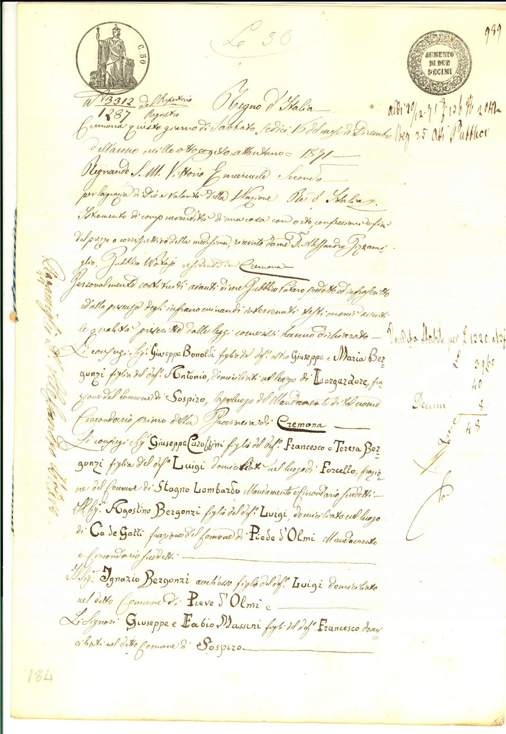 Documento originale, autentico 1871 SOSPIRO Famiglia BERGONZI vende casa con orto a Giuseppe e Fabio MASSINI 1