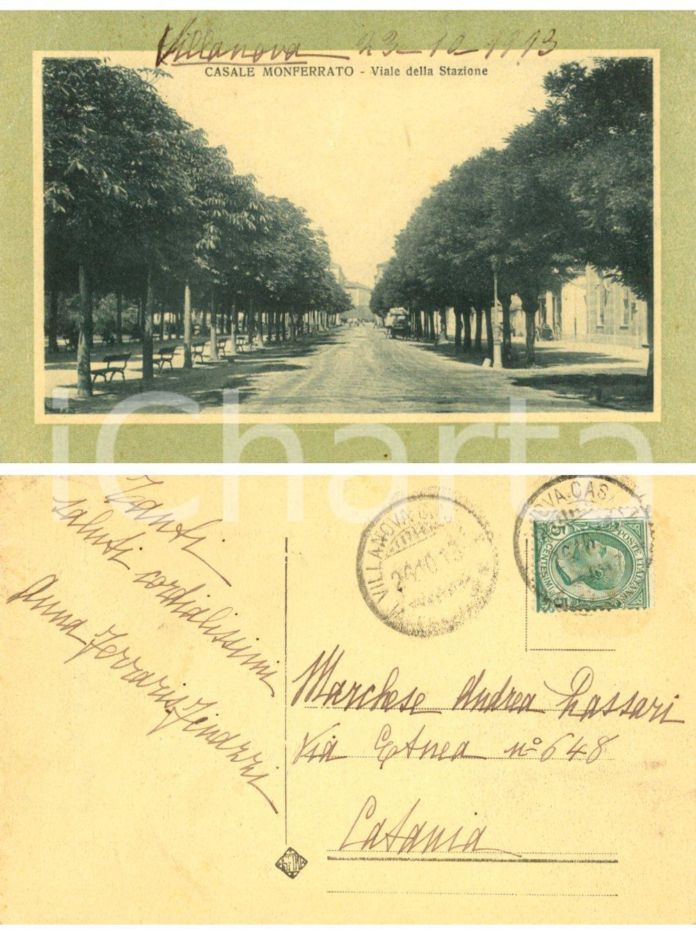 Autografo originale 1913 CASALE MONFERRATO Viale Stazione *Anna FERRARIS FINAZZI al marchese LAZZARI 1