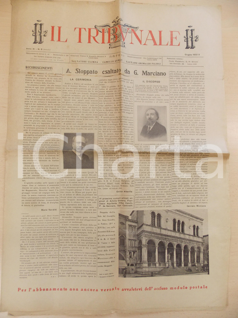 Giornale, rivista storica 1932 IL TRIBUNALE Gennaro MARCIANO esalta Alessandro STOPPATO  Giornale 1