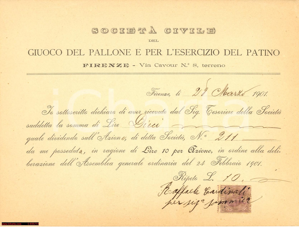 Documento originale, autentico 1901 FIRENZE SocietÃ  Giuoco Pallone e Patino per Raffaele CARDINALI *Documento 1